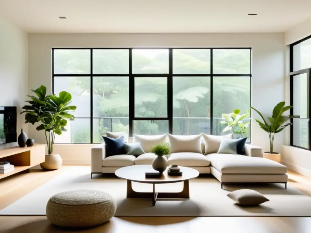 Espacio de estar sereno y minimalista con técnicas de feng shui para hogar, inundado de luz natural y armonía en la decoración