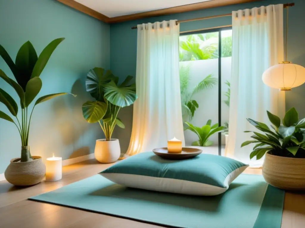 Espacio de meditación sereno con paletas de colores Feng Shui, tonos suaves de azules, verdes y blancos, promoviendo tranquilidad y armonía