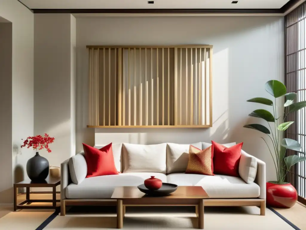 Espacio sereno con pantalla china tradicional, muebles modernos en tonos neutros y toques de rojo y oro