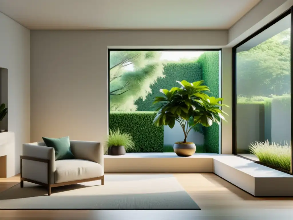 Espacio sereno con planta de interior para Feng Shui, bañado por luz natural y vistas al jardín exuberante