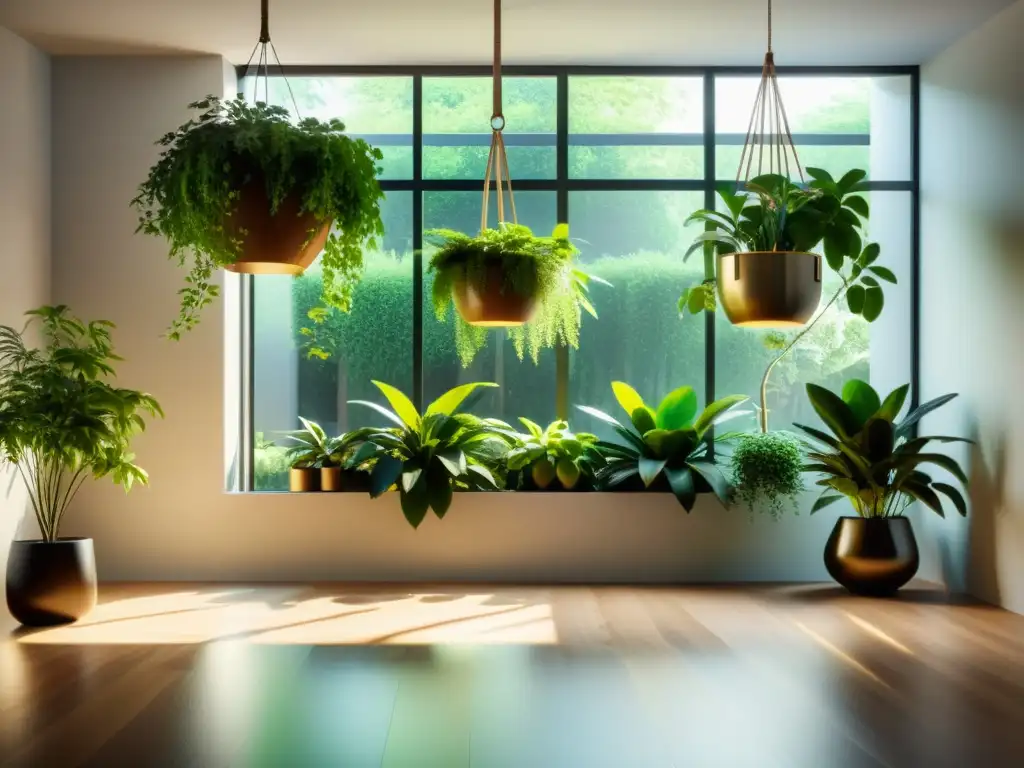 Espacio sereno con plantas colgantes, luz natural y armonía Feng Shui