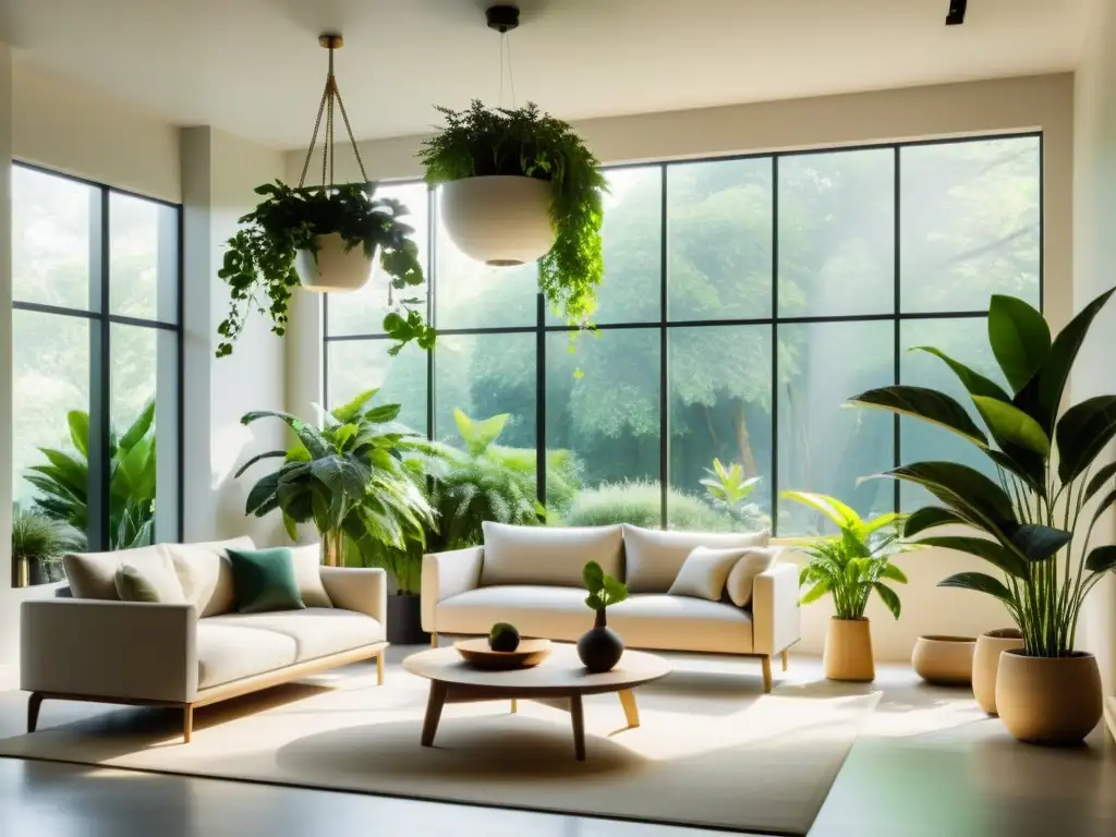 Espacio sereno con plantas colgantes armonía Feng Shui: luz dappled, equilibrio y tranquilidad