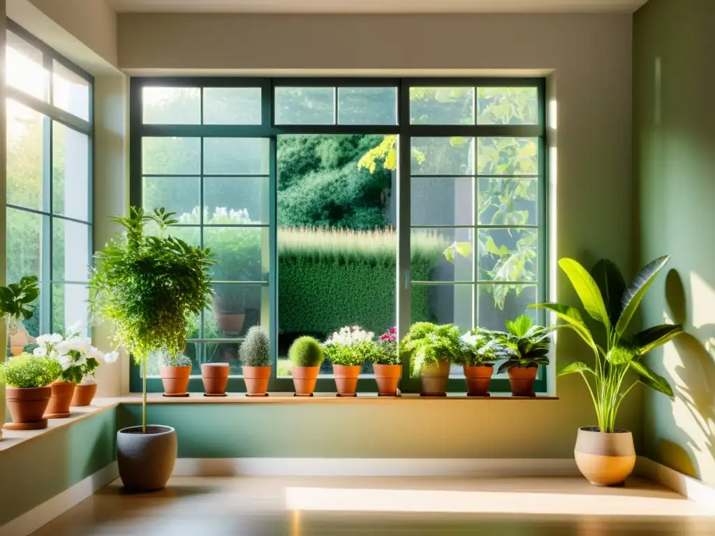 Espacio sereno con plantas y flores para armonía Feng Shui, iluminado por la suave luz del sol y rodeado de naturaleza