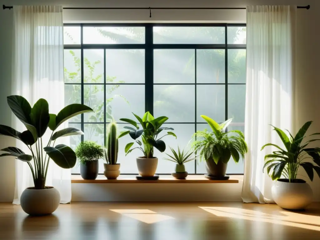 Un espacio sereno con plantas para armonizar hogar Feng Shui, iluminado por luz natural