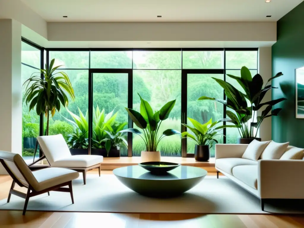 Espacio de estar sereno con plantas de interior en Feng Shui, iluminado por luz natural, creando armonía y tranquilidad