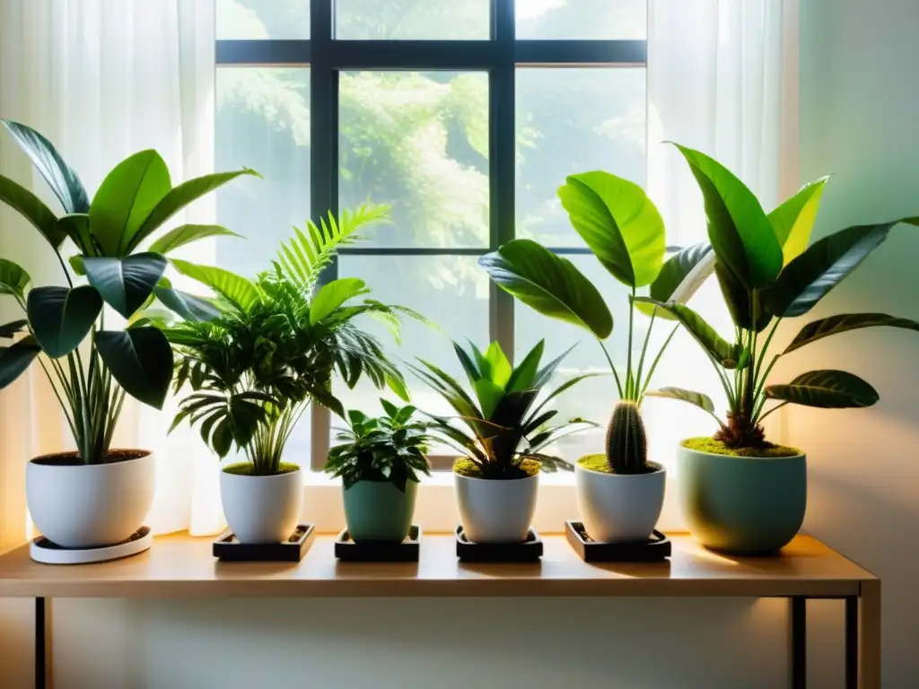 Espacio sereno con plantas de interior para Feng Shui, iluminado por luz natural