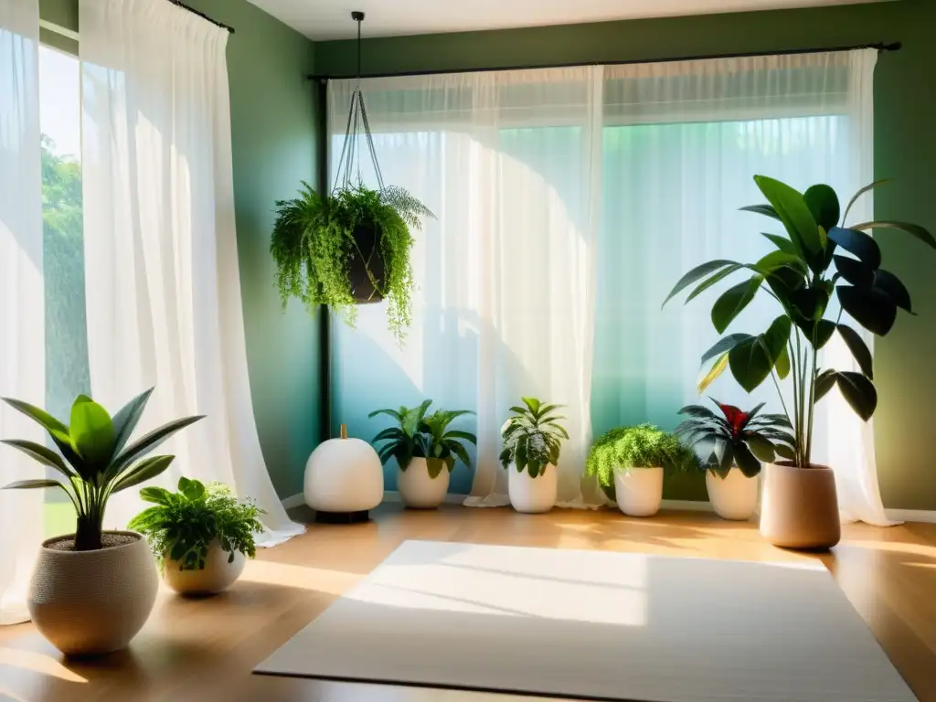 Un espacio sereno con plantas seguras para mascotas en Feng Shui, luz natural y una mascota relajada