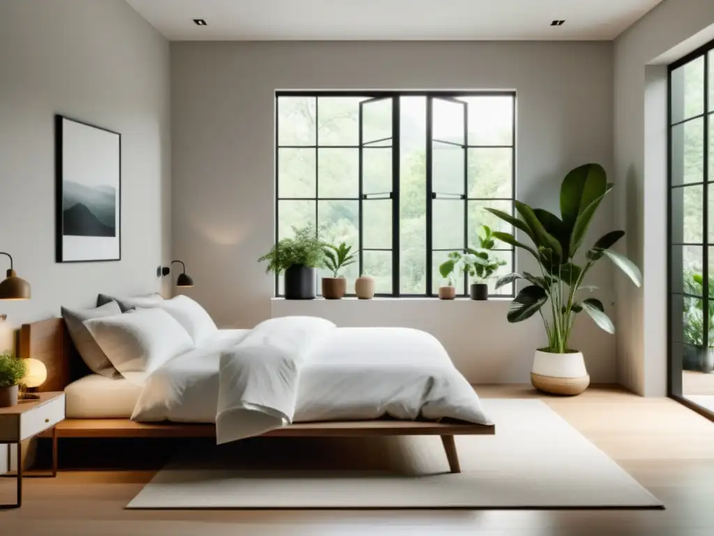 Espacio sereno con Principios de Feng Shui para armonía: dormitorio minimalista con tonos suaves, plantas y luz natural