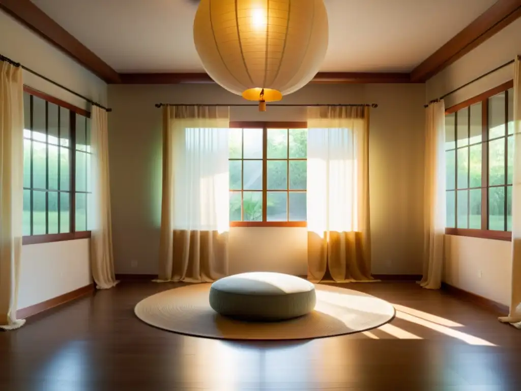 Espacio de meditación sereno con iluminación Feng Shui para meditación profunda, ambiente tranquilo con luz natural y sombras suaves