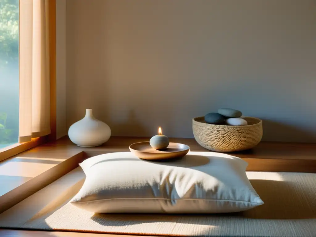 'Espacio de meditación sereno con iluminación Feng Shui para meditación profunda en tonos neutros y elementos naturales'