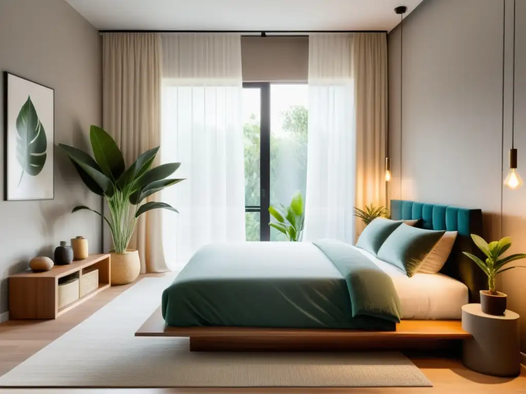 Espacio sereno con Feng Shui para promover salud: cama amplia, colores suaves, plantas, fuente y cristales para armonía y bienestar