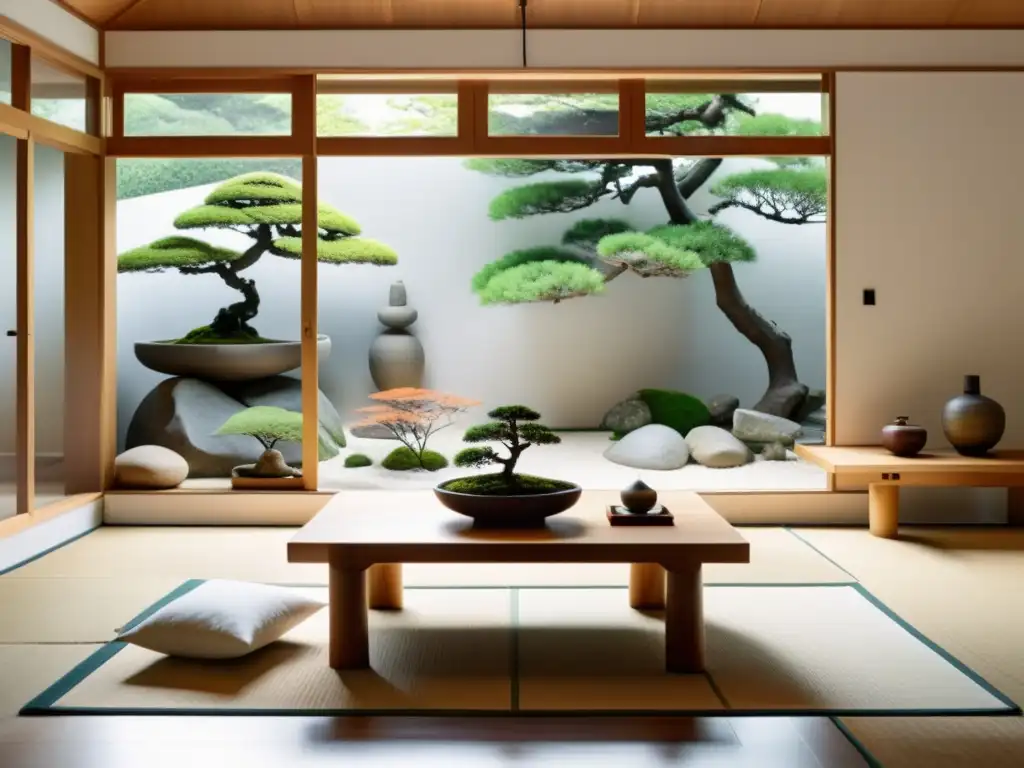 Espacio sereno con accesorios Feng Shui para serenidad: ventana con vista a jardín japonés, muebles de madera y elementos de equilibrio