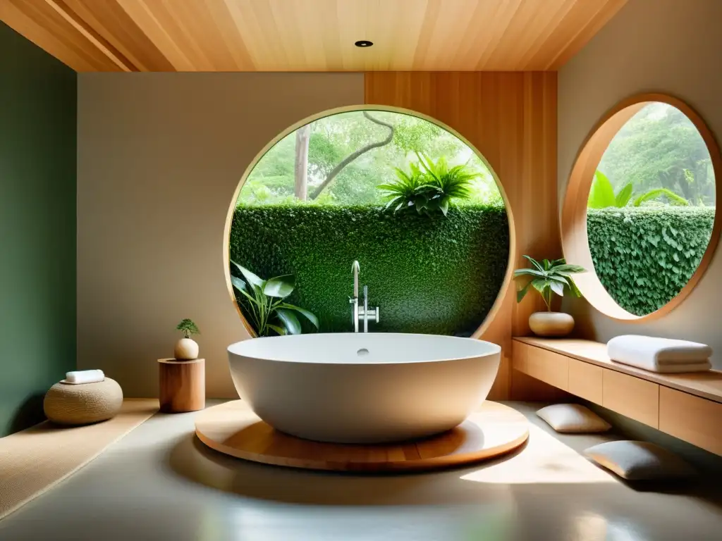 Un espacio sereno en un spa minimalista con una bañera de madera circular rodeada de plantas y luz suave