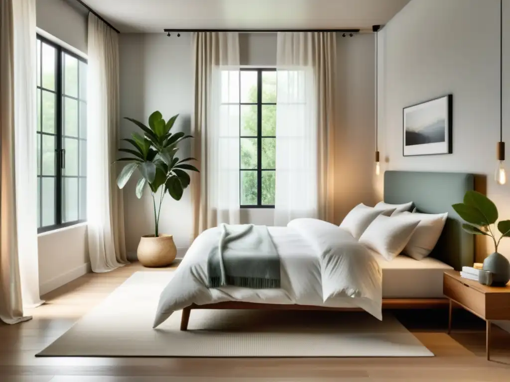 Espacio sereno con Feng Shui para mejorar sueño: dormitorio minimalista con luz natural, ropa de cama calmante y plantas verdes