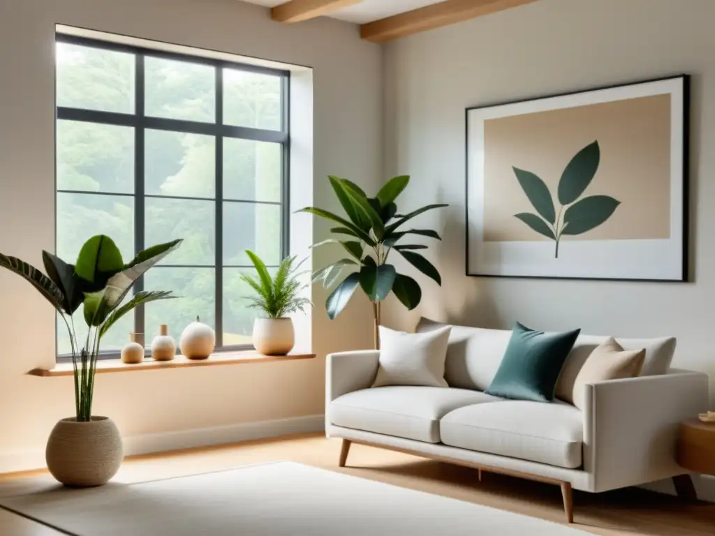 Espacio sereno con técnicas de Feng Shui para reducir estrés, decoración minimalista en tonos suaves y equilibrio relajante