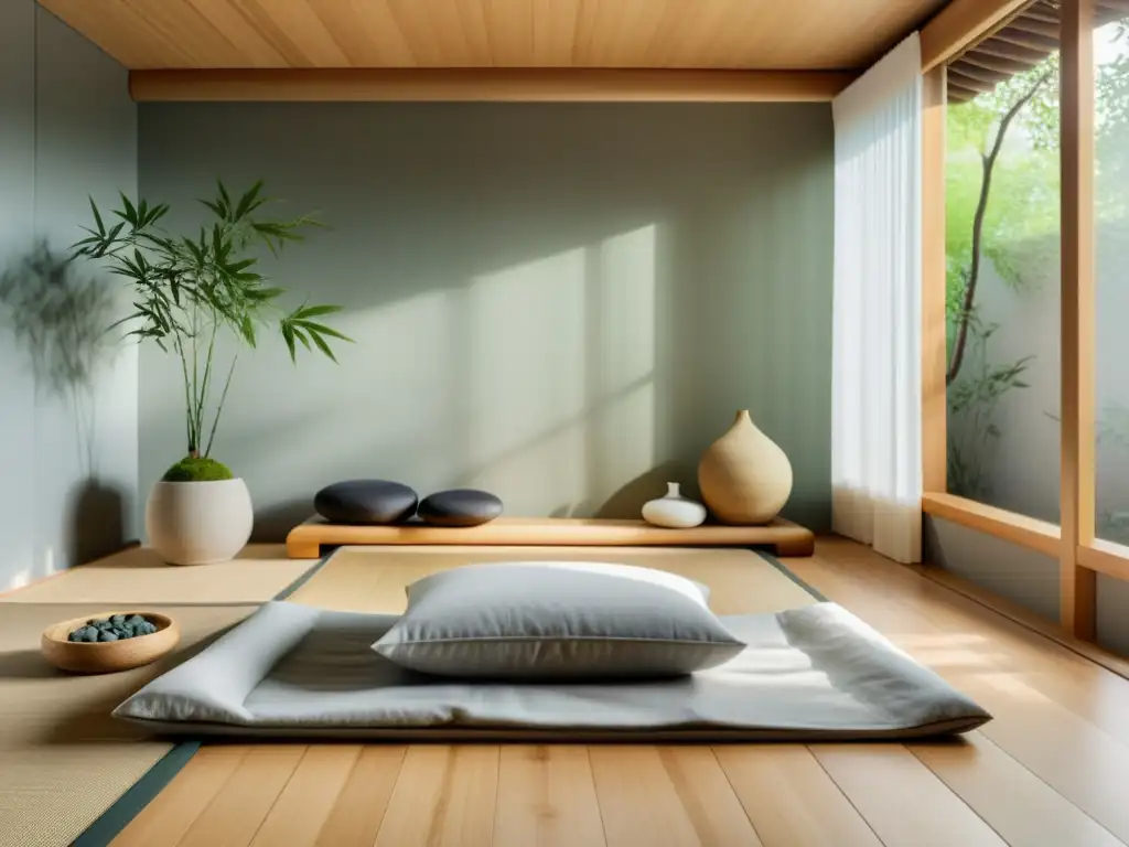 Espacio de meditación sereno con técnicas feng shui para meditación, ventana grande con vista al jardín tranquilo, decoración minimalista y luz suave