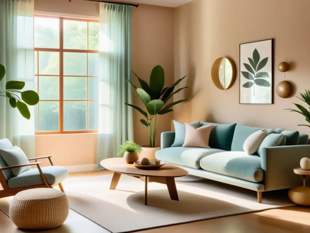 Espacio de estar sereno con terapia ambiental Feng Shui, colores suaves y armonía