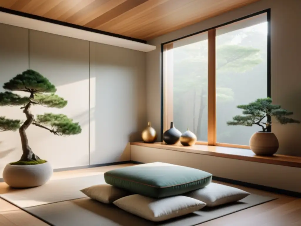 Un espacio sereno de meditación con diseño Feng Shui, tonos terrosos suaves, luz natural y un bonsái