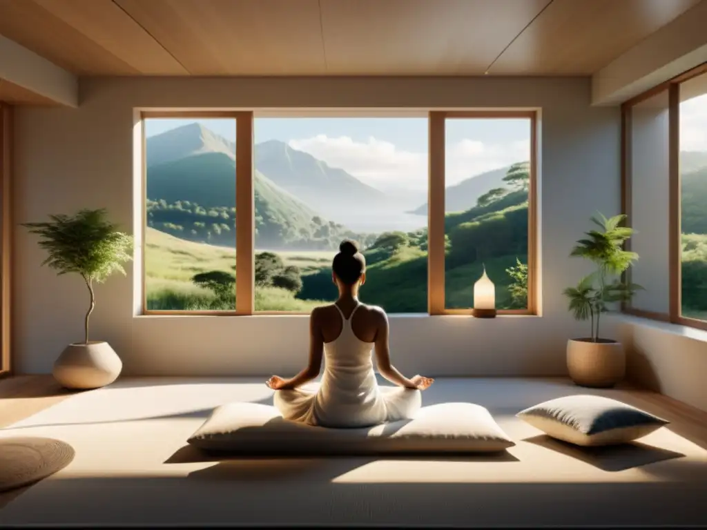 Espacio de meditación sereno con ventana panorámica y decoración minimalista en tonos neutros