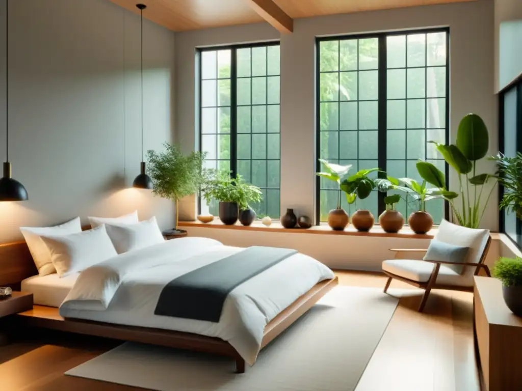 Espacio sereno con ventanas grandes que dejan entrar luz natural, plantas y decoración tranquila para armonizar el feng shui