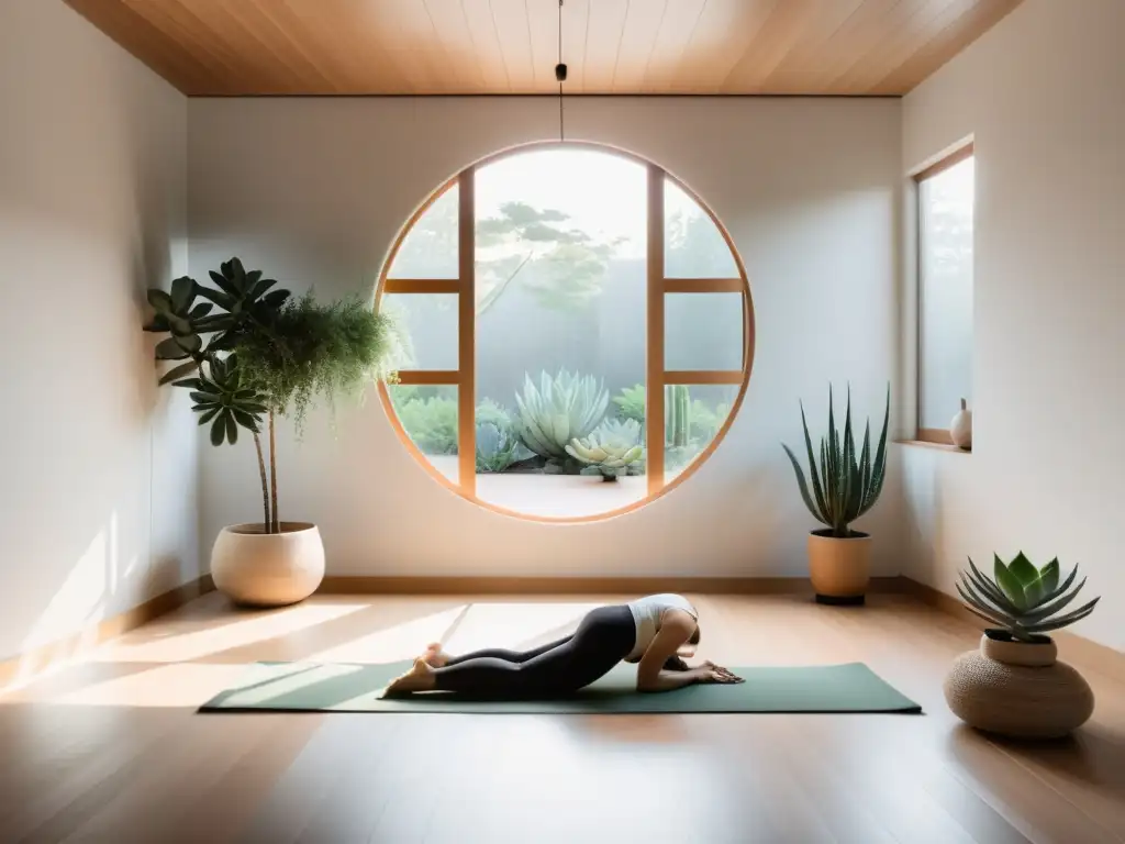 Un espacio sereno de yoga en casa con colores neutros y luz natural