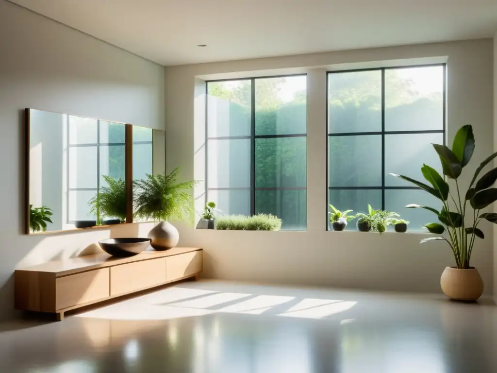 Espacio soleado con espejos y plantas, estrategias iluminación natural feng shui