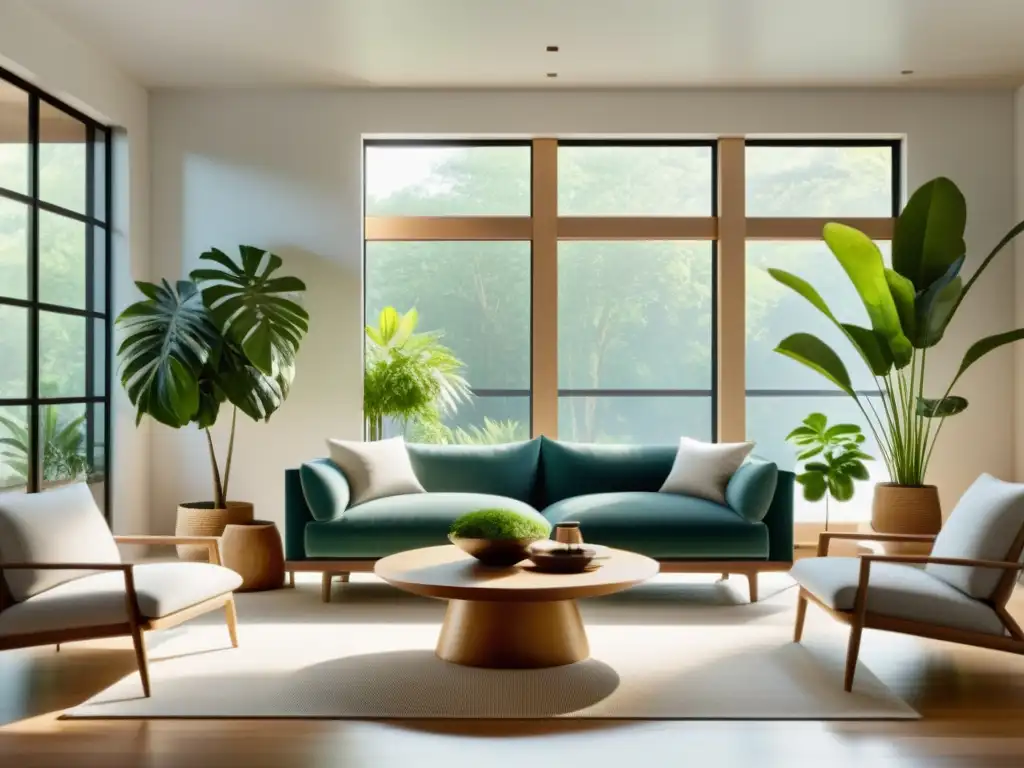 Espacio sostenible maximizando energía positiva con muebles y plantas, iluminado por luz natural