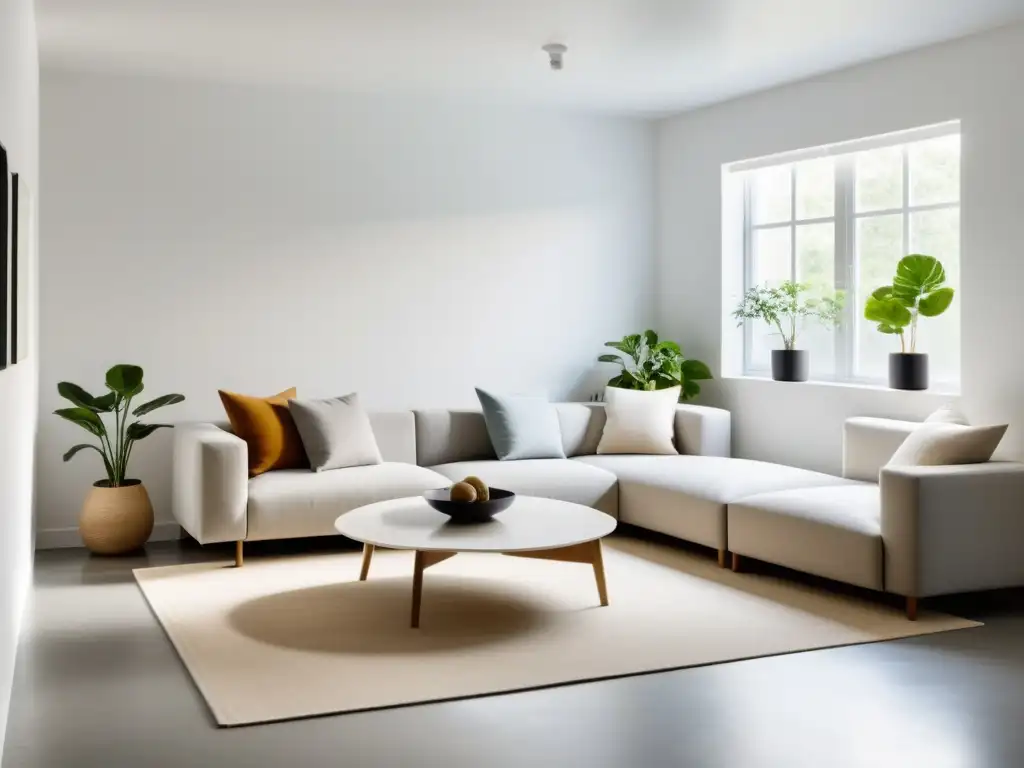 Espacio de sótano sereno y minimalista con liberación de Feng Shui, muebles modernos y luz natural