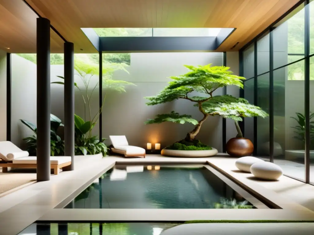 Espacio de spa armonizado con feng shui, con piscina tranquila y luz natural, creando un ambiente de bienestar y equilibrio