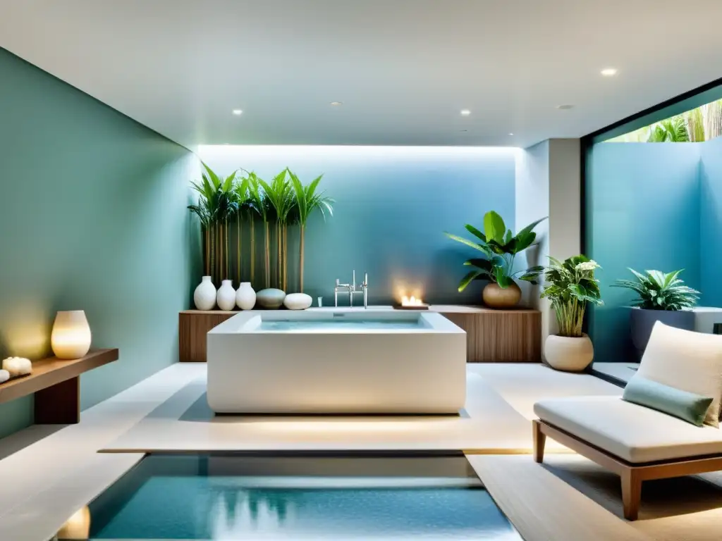 Espacio de spa minimalista y elegante con claves Feng Shui diseño spa, iluminación suave y armonía en tonos de blanco, azul y verde