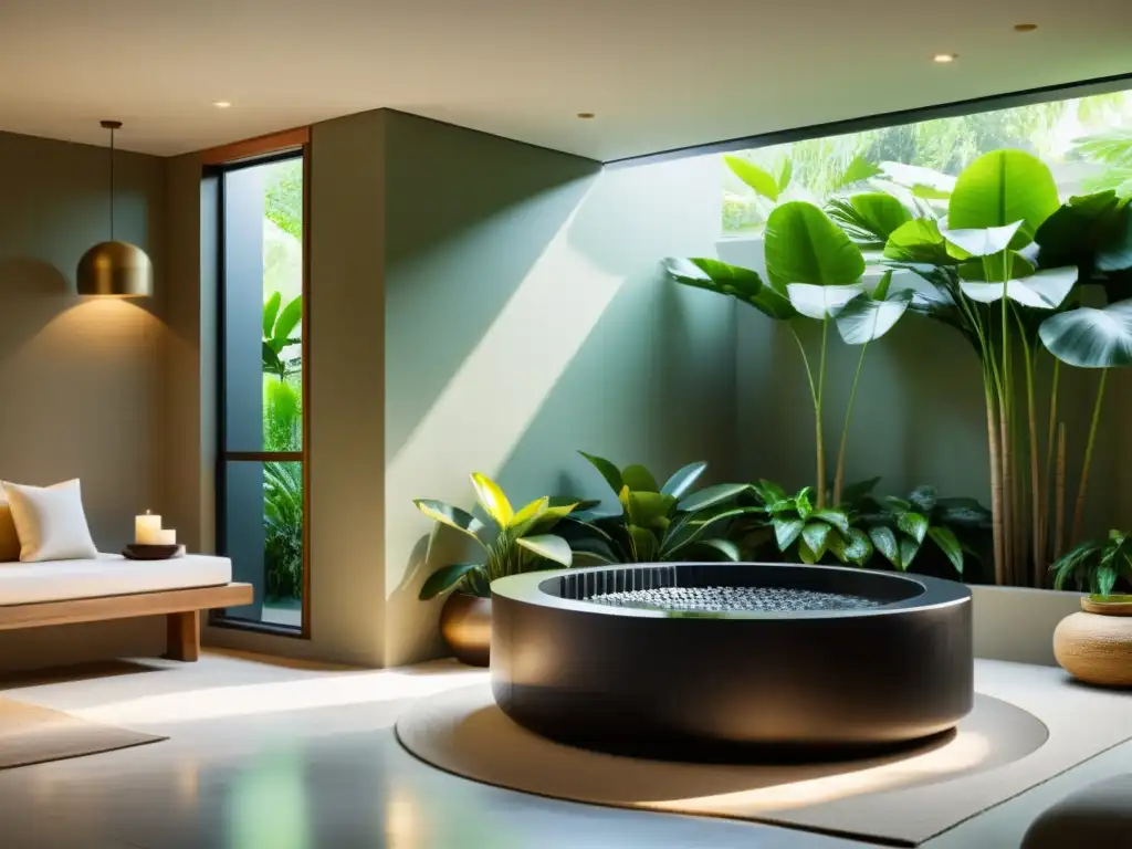 Espacio de spa sereno con diseño minimalista y fuente de agua relajante, rodeado de plantas verdes y luz natural