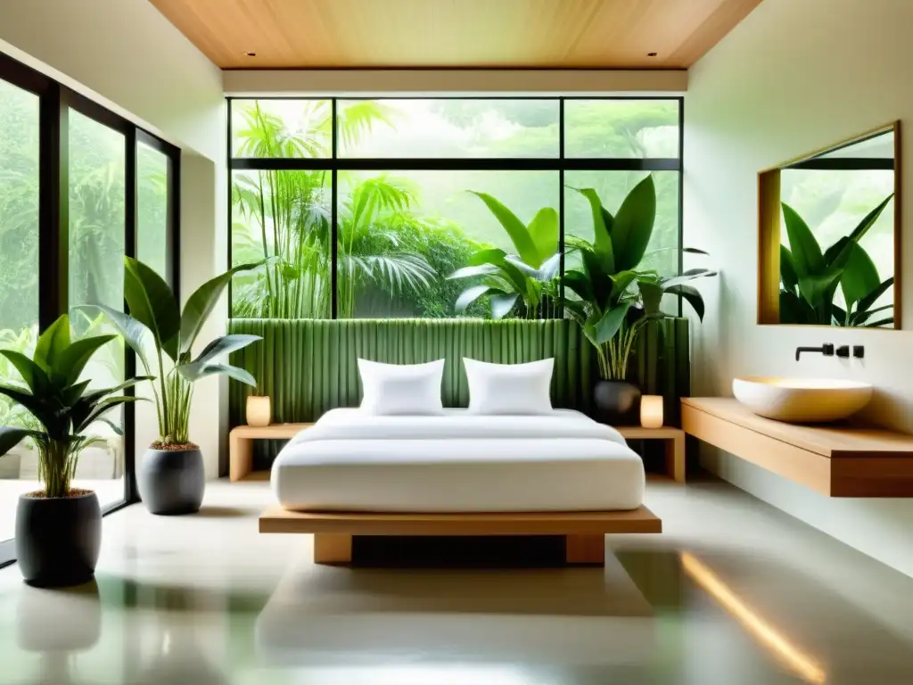 Espacio de spa sereno con diseño minimalista y plantas purificadoras feng shui, invita a la armonía y tranquilidad