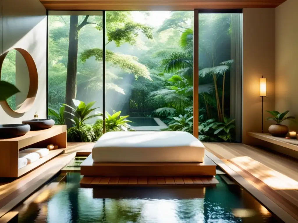 Espacio de spa sereno con elementos sensoriales en Feng Shui, decoración minimalista y vista a un bosque exuberante