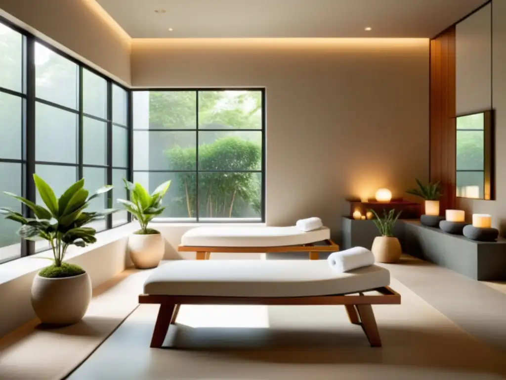 Espacio de spa sereno con diseño Feng Shui, iluminado por luz natural y ambiente tranquilo para relajación y equilibrio