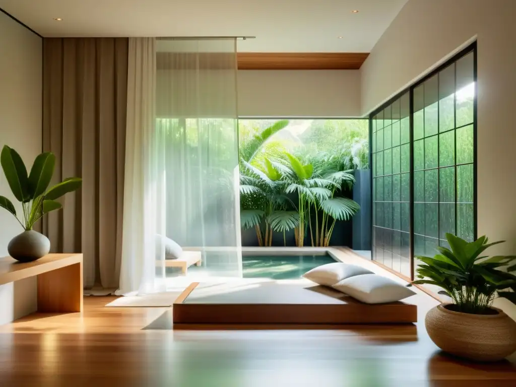 Espacio de spa sereno con luz natural y técnicas de Feng Shui para iluminación