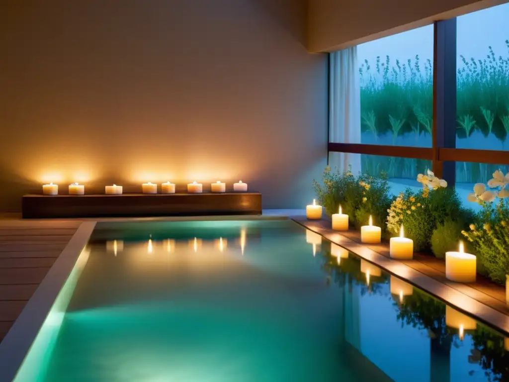 Espacio de spa sereno con iluminación suave, decoración minimalista y una piscina de agua quieta en el centro