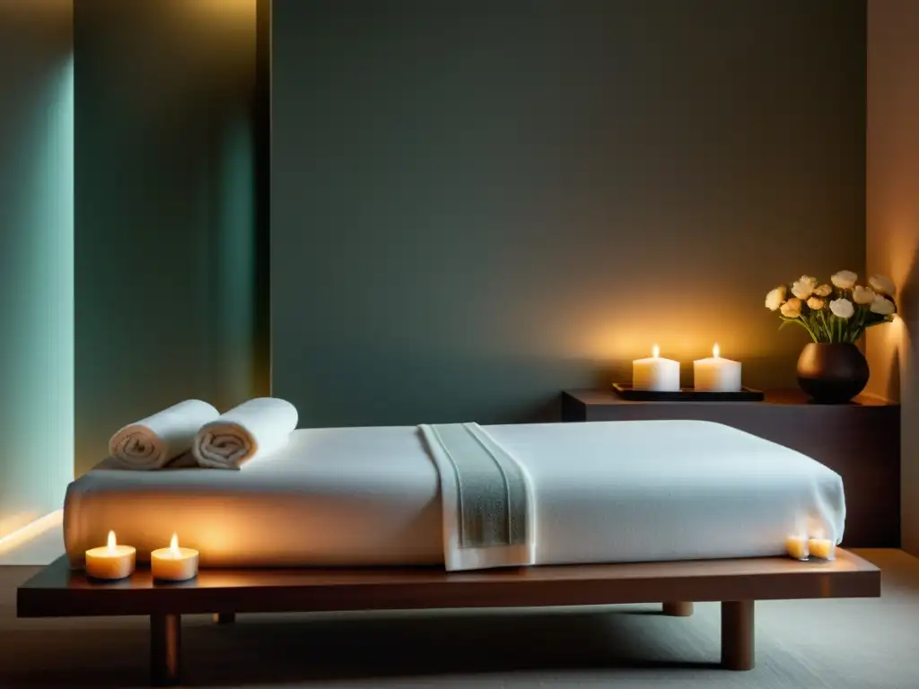 Espacio de spa tranquilo con iluminación suave y decoración minimalista