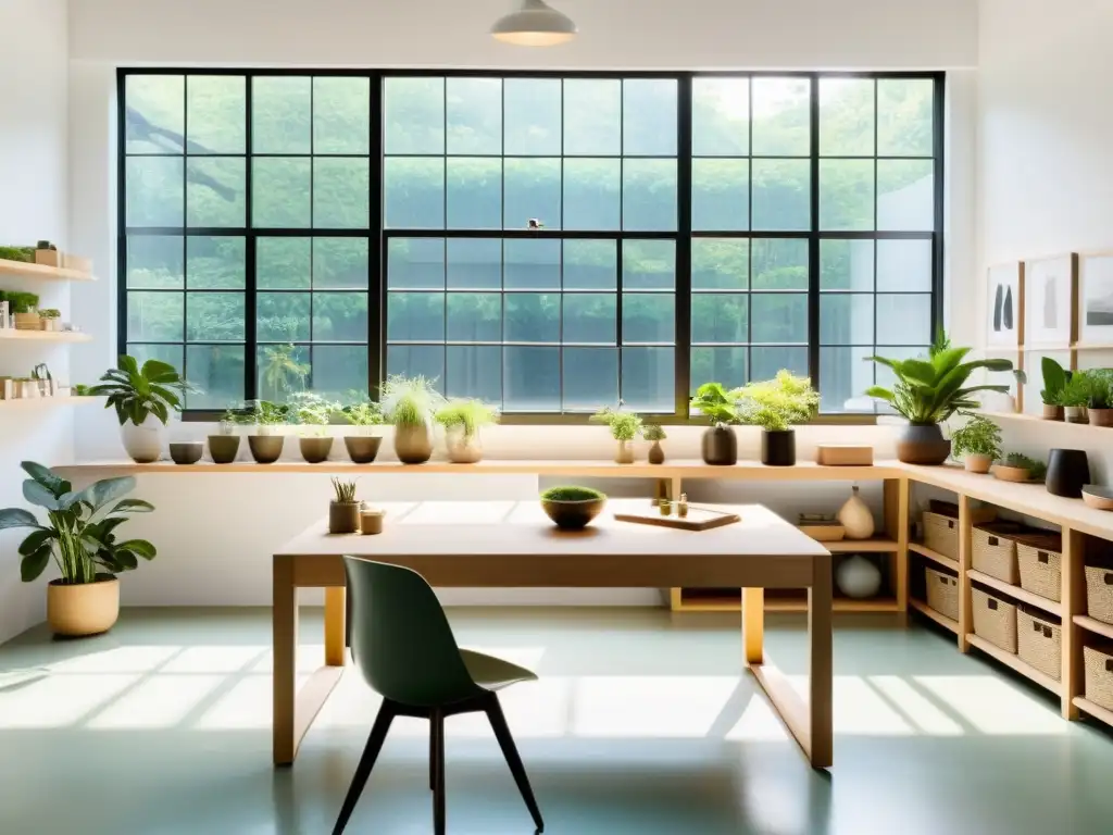 Un espacio de taller sereno y minimalista con luz natural y armonía, perfecto para el Feng Shui para taller manualidades