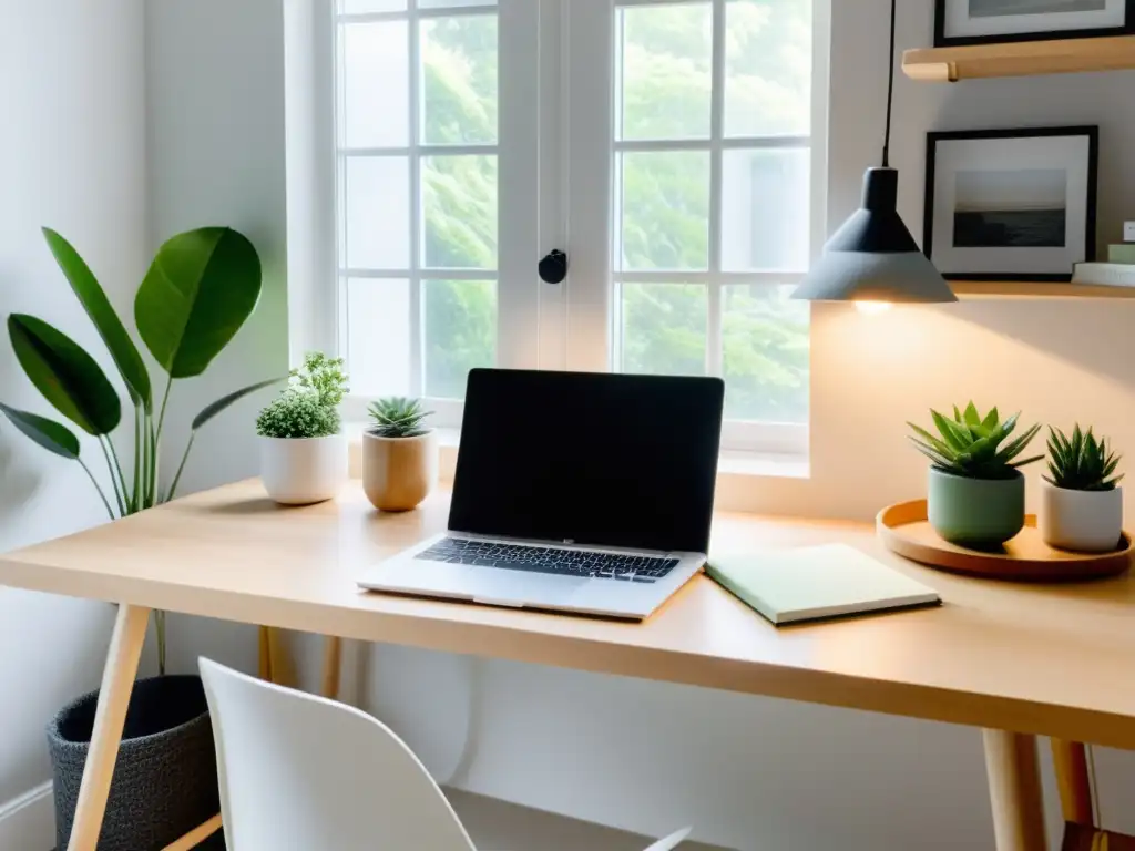 Un espacio de trabajo armonioso y minimalista con organización de espacio de trabajo Feng Shui, luz natural y decoración cuidadosamente seleccionada