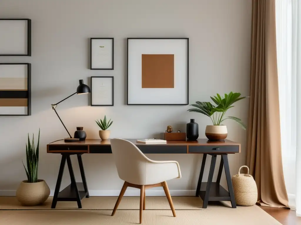 Un espacio de trabajo armonioso y minimalista con influencia Feng Shui