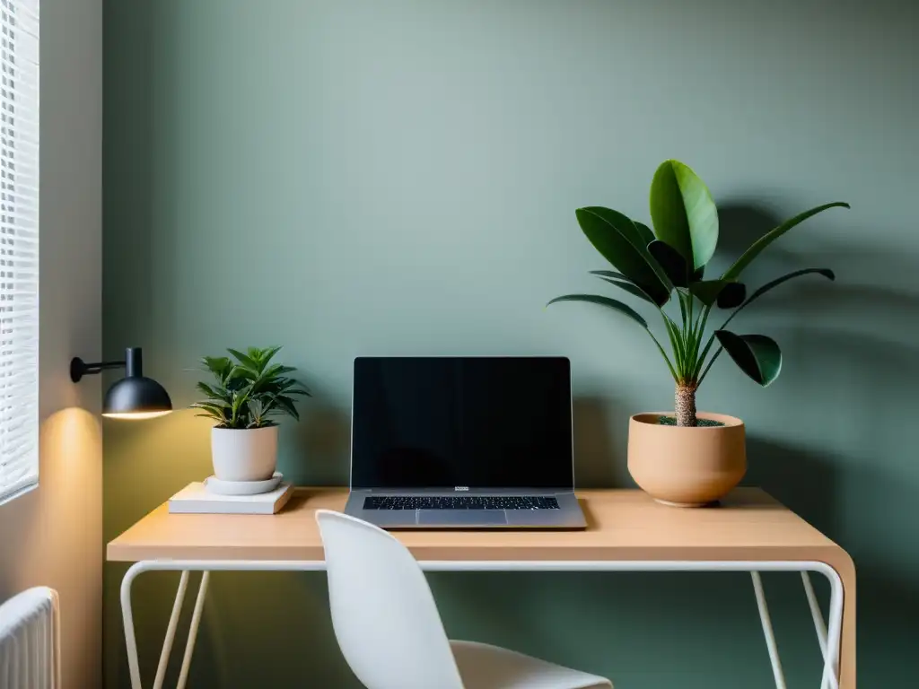 Un espacio de trabajo armonioso con planta, laptop y arte en la pared, bañado en luz natural