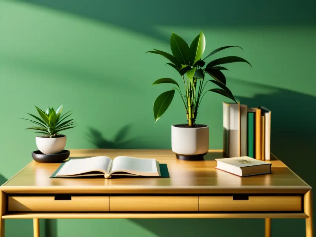 Un espacio de trabajo armonioso según los principios del Feng Shui para escritores, con una planta de bambú, libros y una fuente, iluminado suavemente