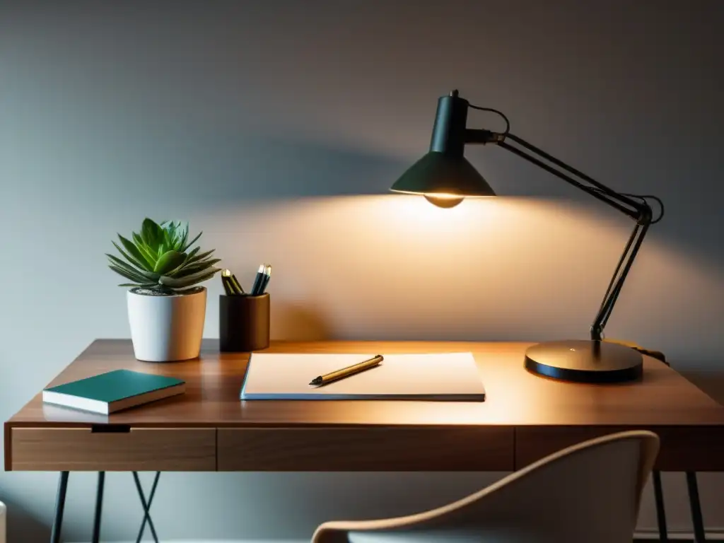 Espacio de trabajo armonioso y productivo con Feng Shui: escritorio de madera, papelería ordenada, planta y suave luz cálida