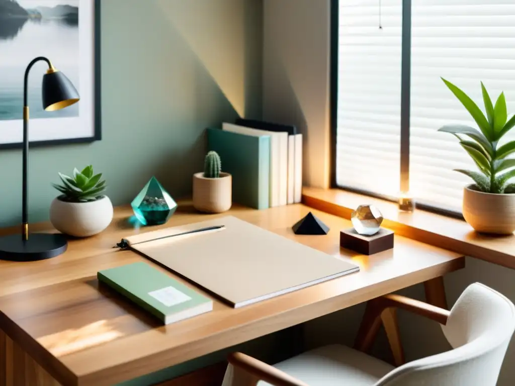 Espacio de trabajo armonioso con recursos ecoamigables para diseño Feng Shui