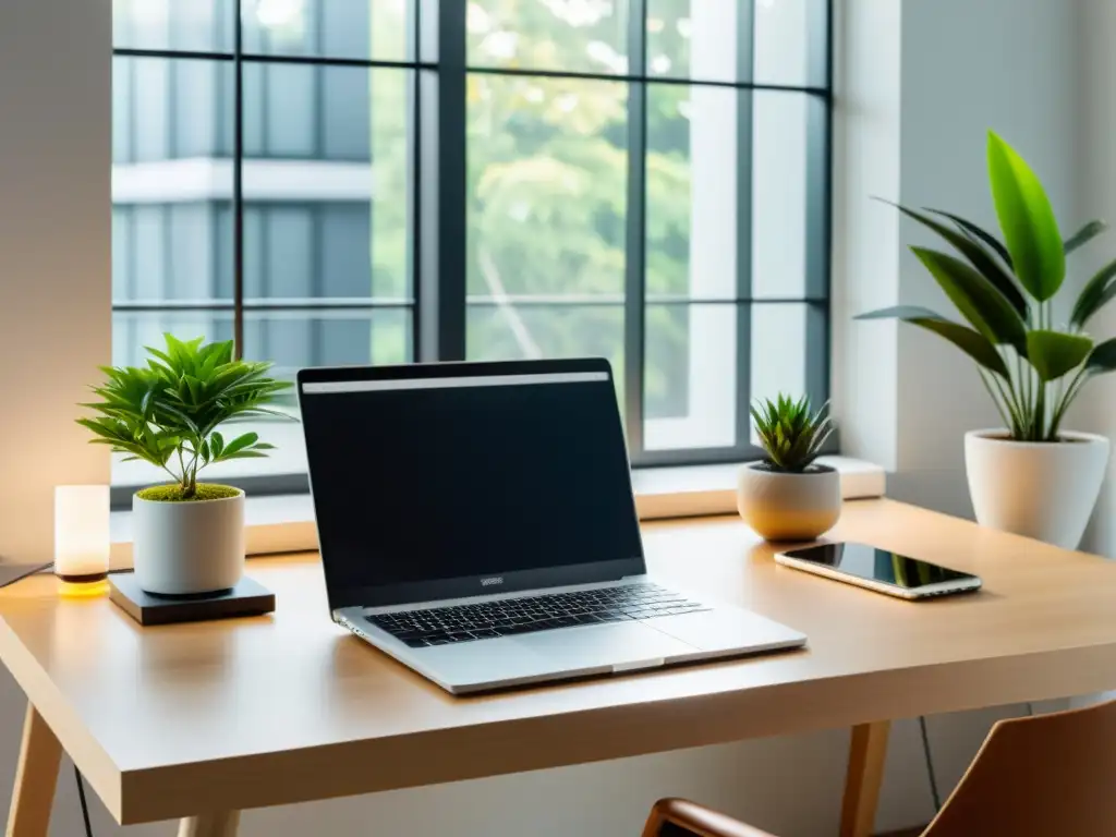 Espacio de trabajo armonizado con tecnología laboral y decoración Feng Shui