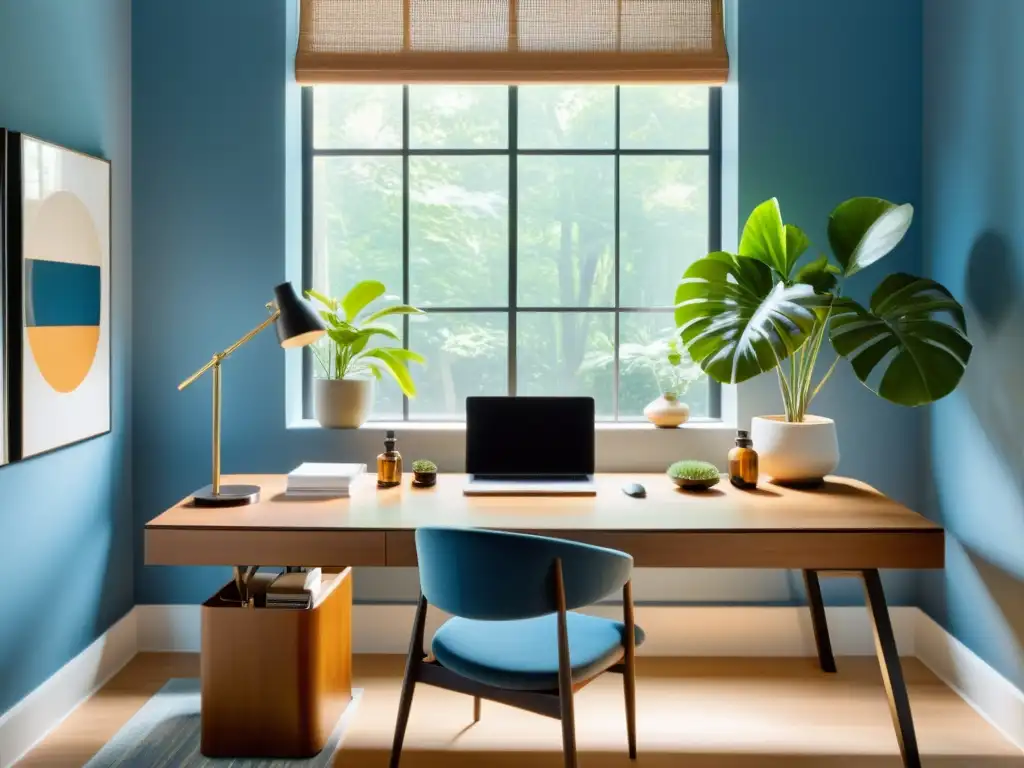 Espacio de trabajo en casa armonioso y productivo con decoración Feng Shui para teletrabajo productivo