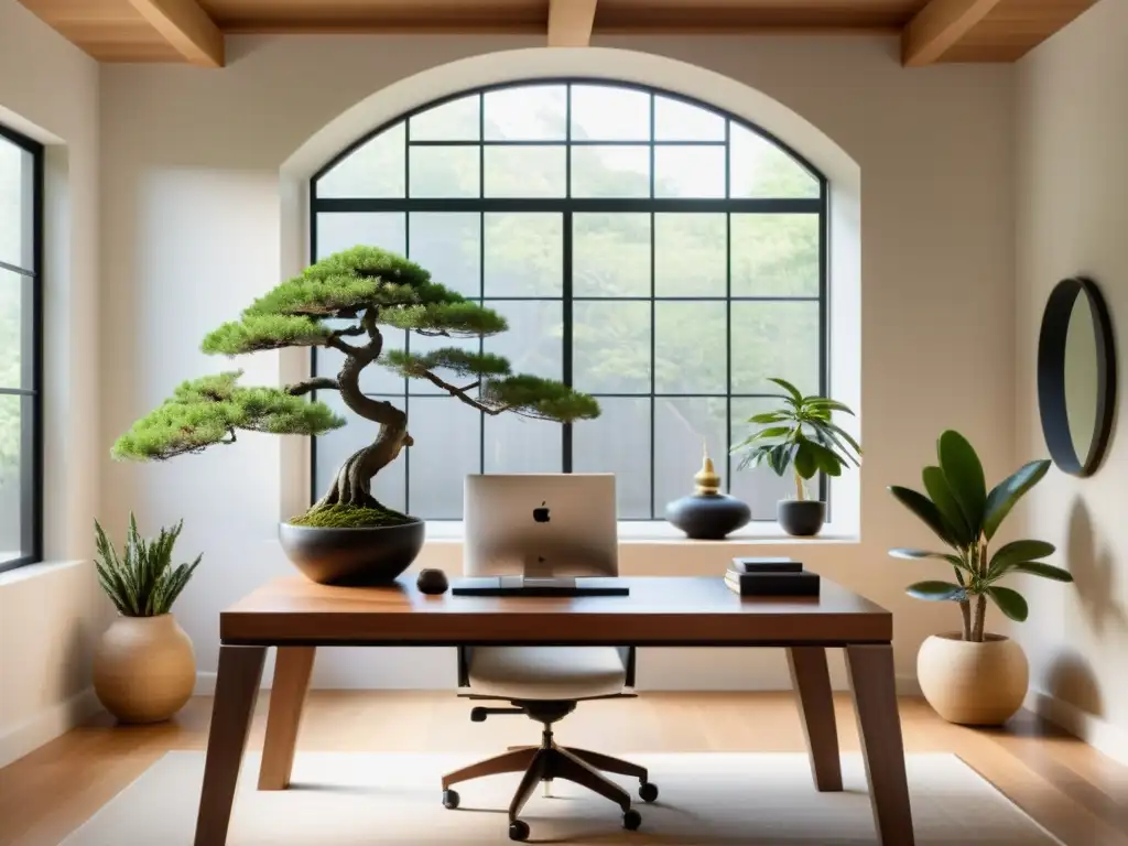 Un espacio de trabajo en casa elegante y minimalista con elementos de Feng Shui cuidadosamente arreglados para crear armonía