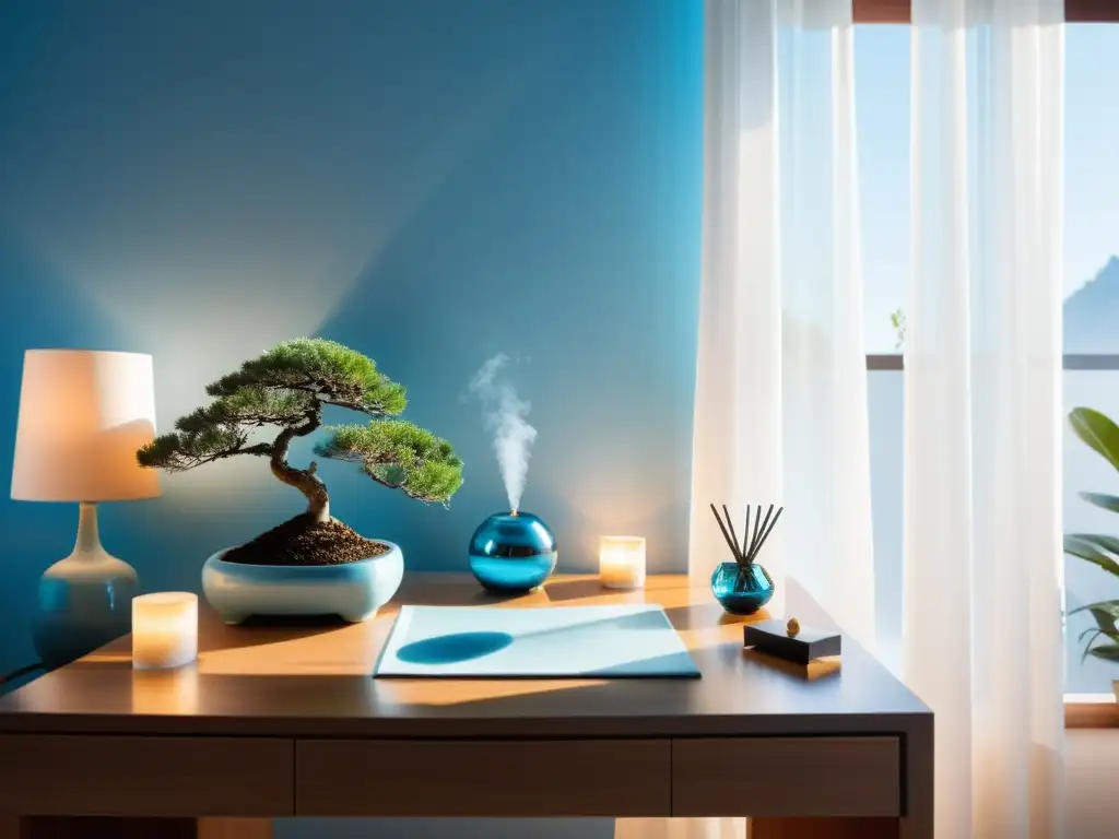 Espacio de trabajo en casa con escritorio minimalista, bonsái y cristales en tono azul calmante, siguiendo el Feng Shui para la armonía