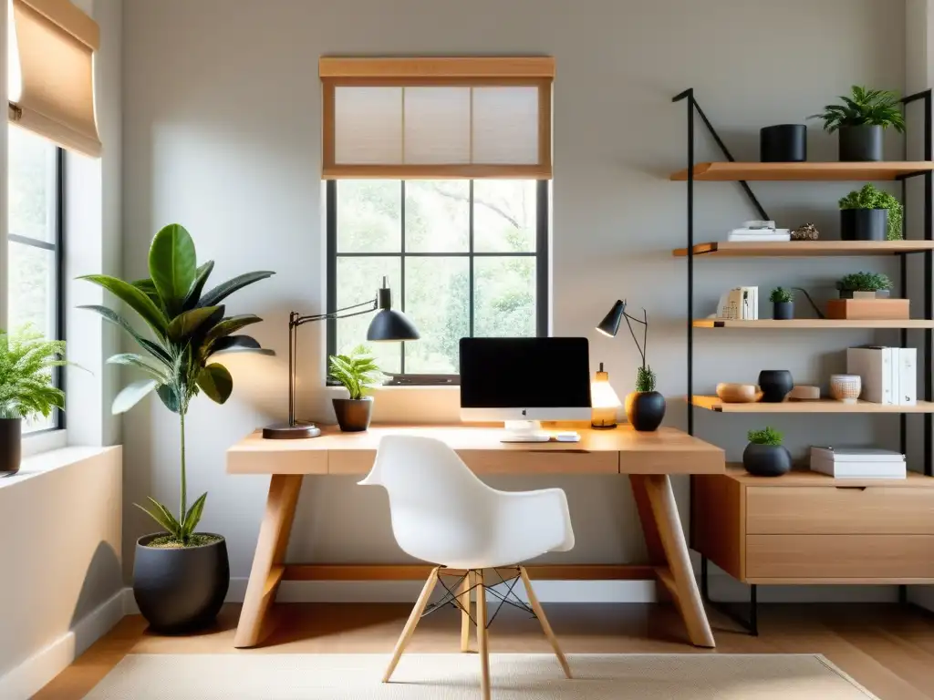 Un espacio de trabajo en casa con escritorio minimalista de madera natural, iluminado por luz natural