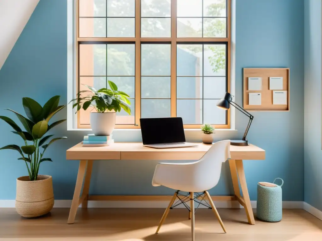 Un espacio de trabajo en casa con escritorio despejado, luz natural y ambiente tranquilo, ideal para Feng Shui para oficina en casa